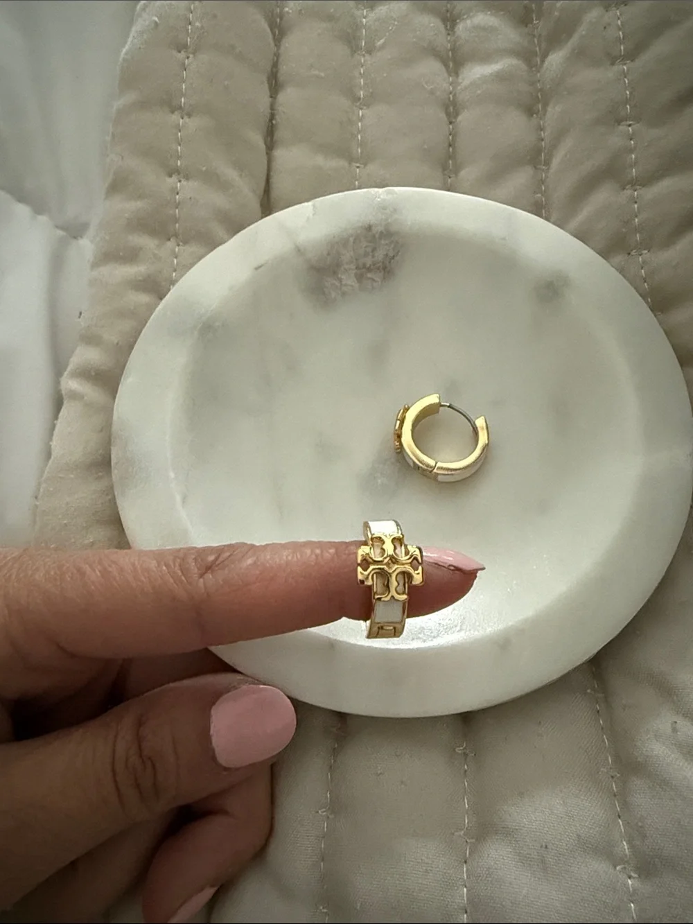 Tory Burch Gold and Cream Logo Hoop Earrings